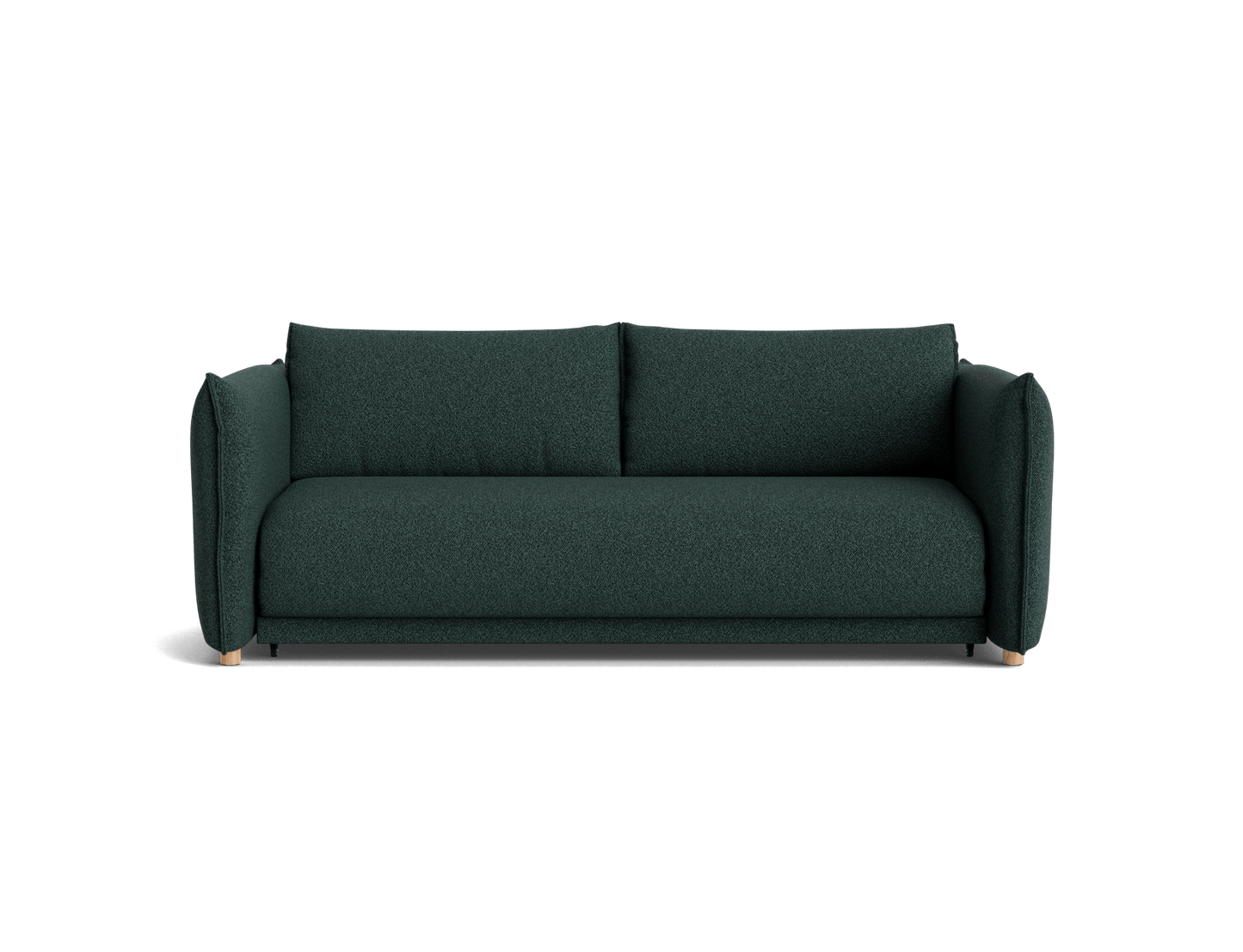 Luxurious dark green fabric sofa with plush cushions, clean lines, and wooden legs. Perfect for modern living spaces seeking elegance and comfort.