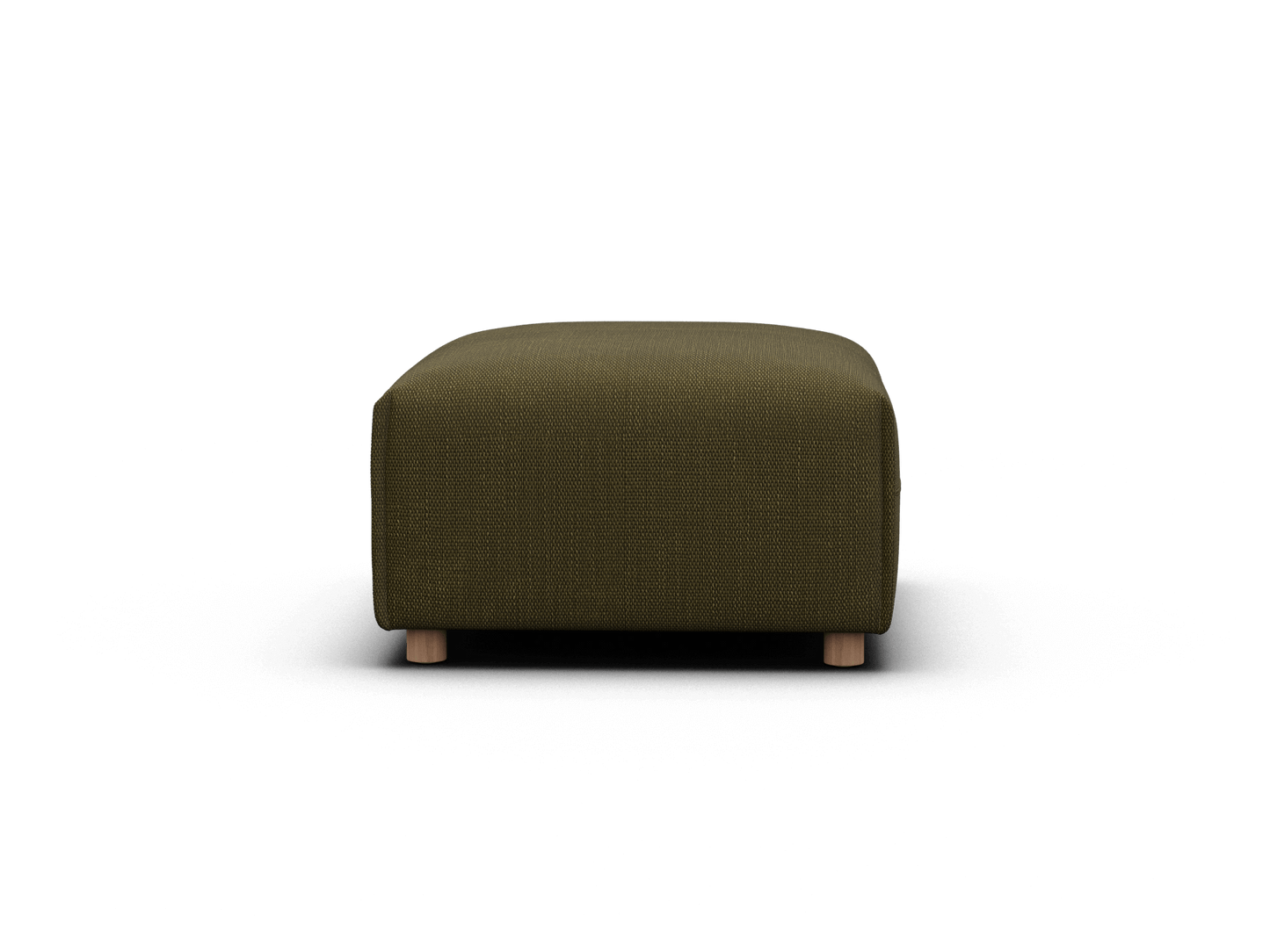 Luxurious ottoman in rich olive green fabric, featuring soft upholstery and low timber legs. Perfect for modern living spaces with a touch of elegance.
