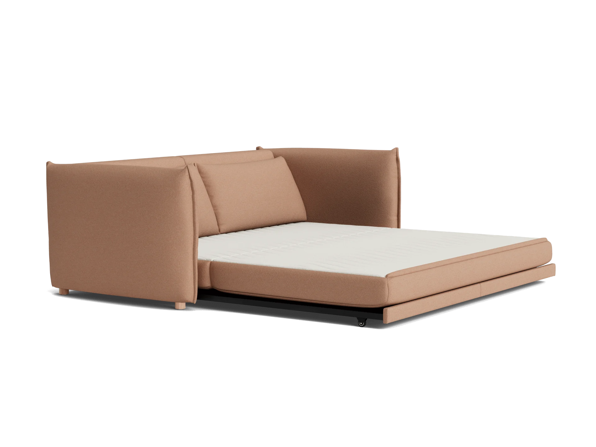 A modern, light brown sofa bed with square arms and a white mattress, positioned on a dark base.