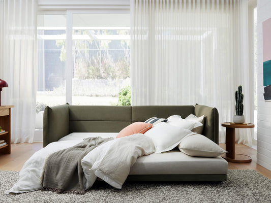 A light olive green sofa with white and coral cushions, on a cream rug, beside a wooden table and a potted cactus, under sheer curtains.