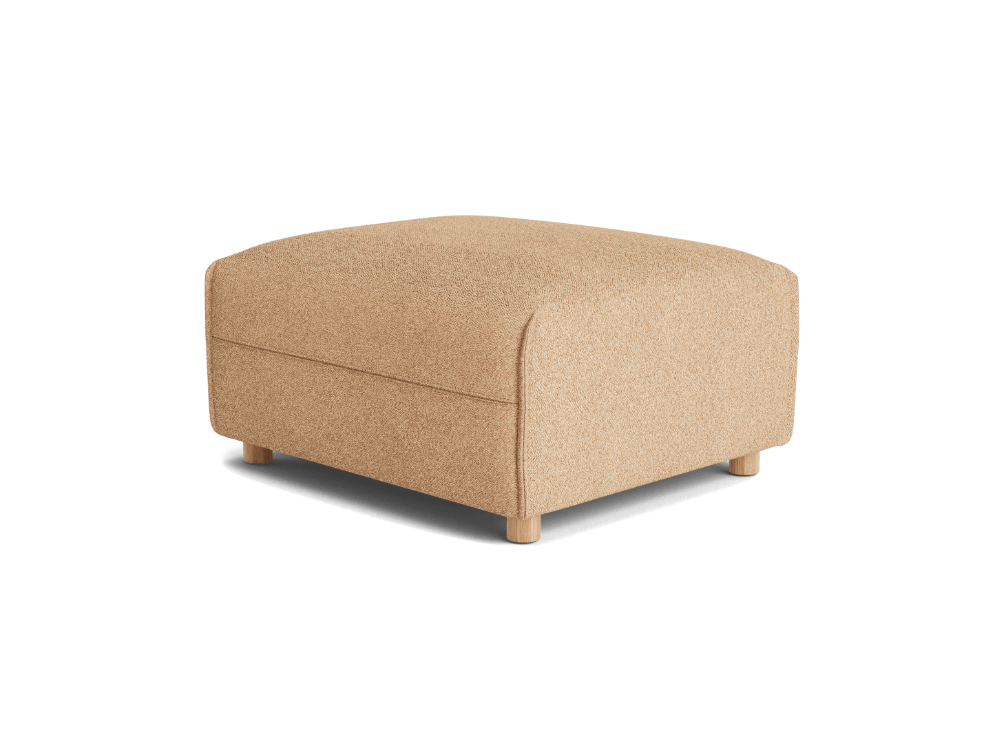 A rounded ottoman upholstered in a light beige fabric, featuring wooden legs and a storage compartment.
