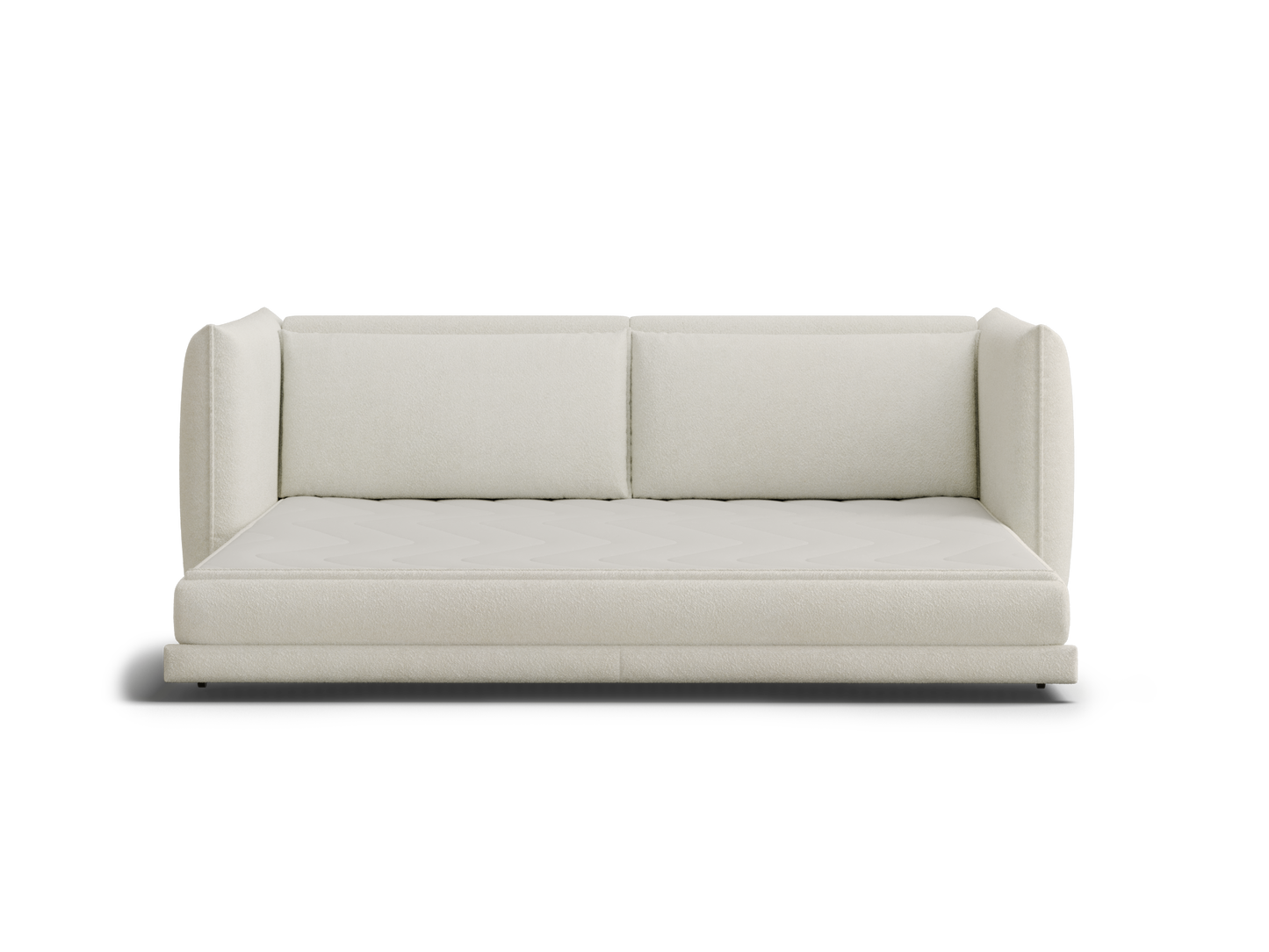 A sleek, off-white sofa with a simple design, featuring two back cushions and a quilted seat, against a plain background.