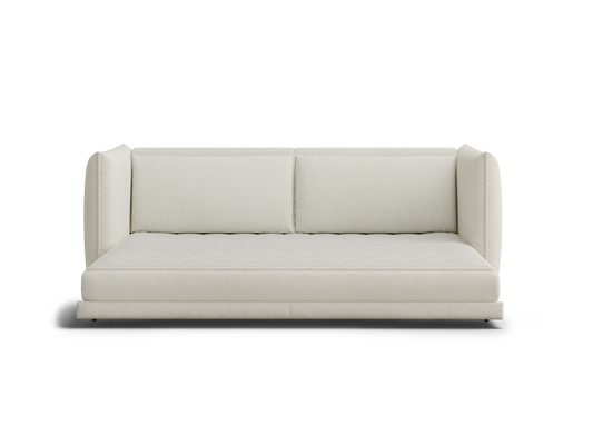 A sleek, off-white sofa with a simple design, featuring two back cushions and a quilted seat, against a plain background.