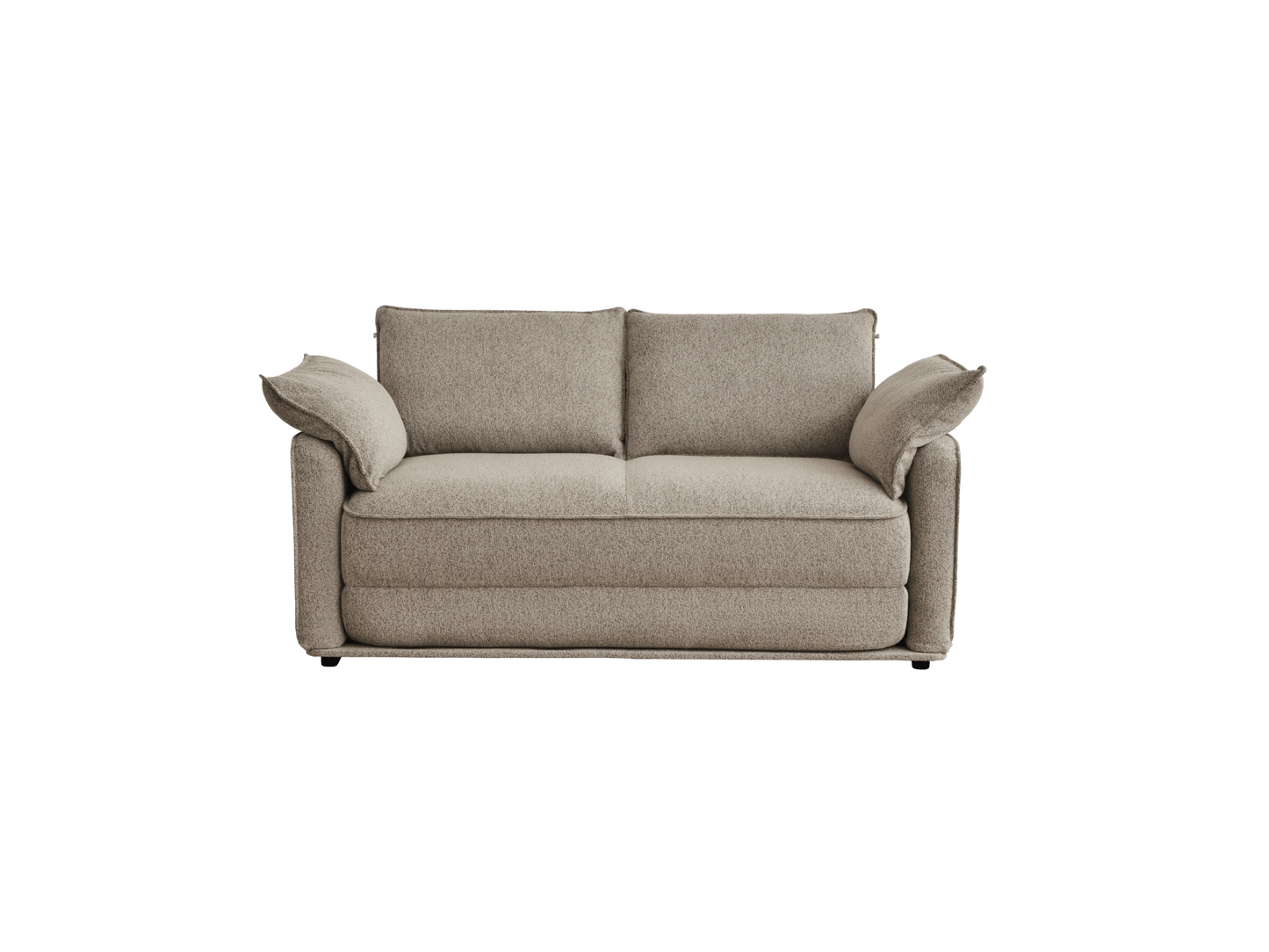 A light beige sofa with soft, plush cushions and rounded armrests, set against a black background.