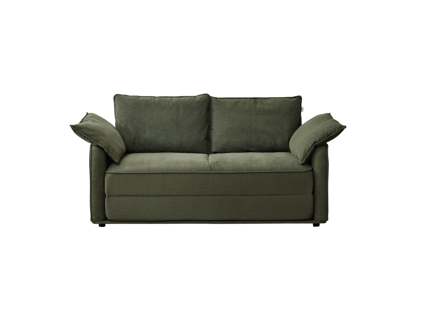 A dark green sofa with two plush back cushions and two arm cushions, featuring a clean, modern design against a black background.