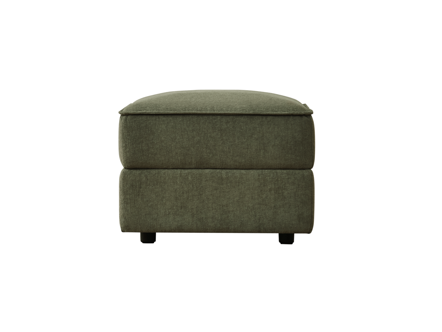 Olive green upholstered ottoman with a padded top and two stacked sections, resting on short black legs.