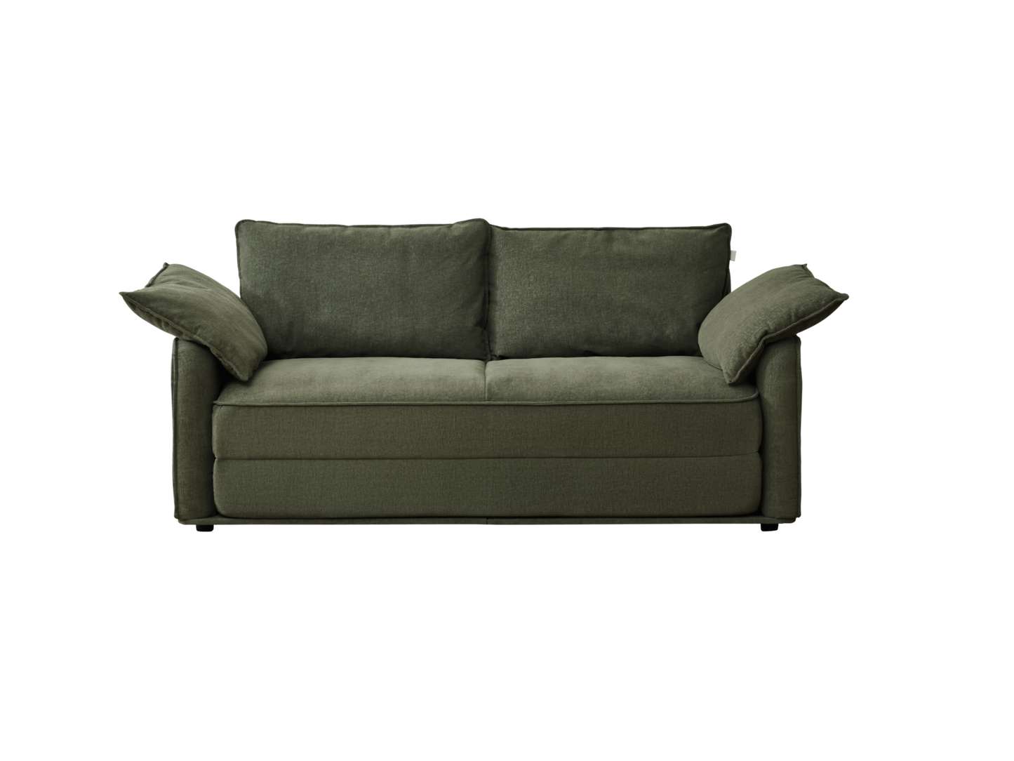 A dark olive green sofa with two soft back cushions and two rounded armrest pillows, featuring a modern, minimalistic design.