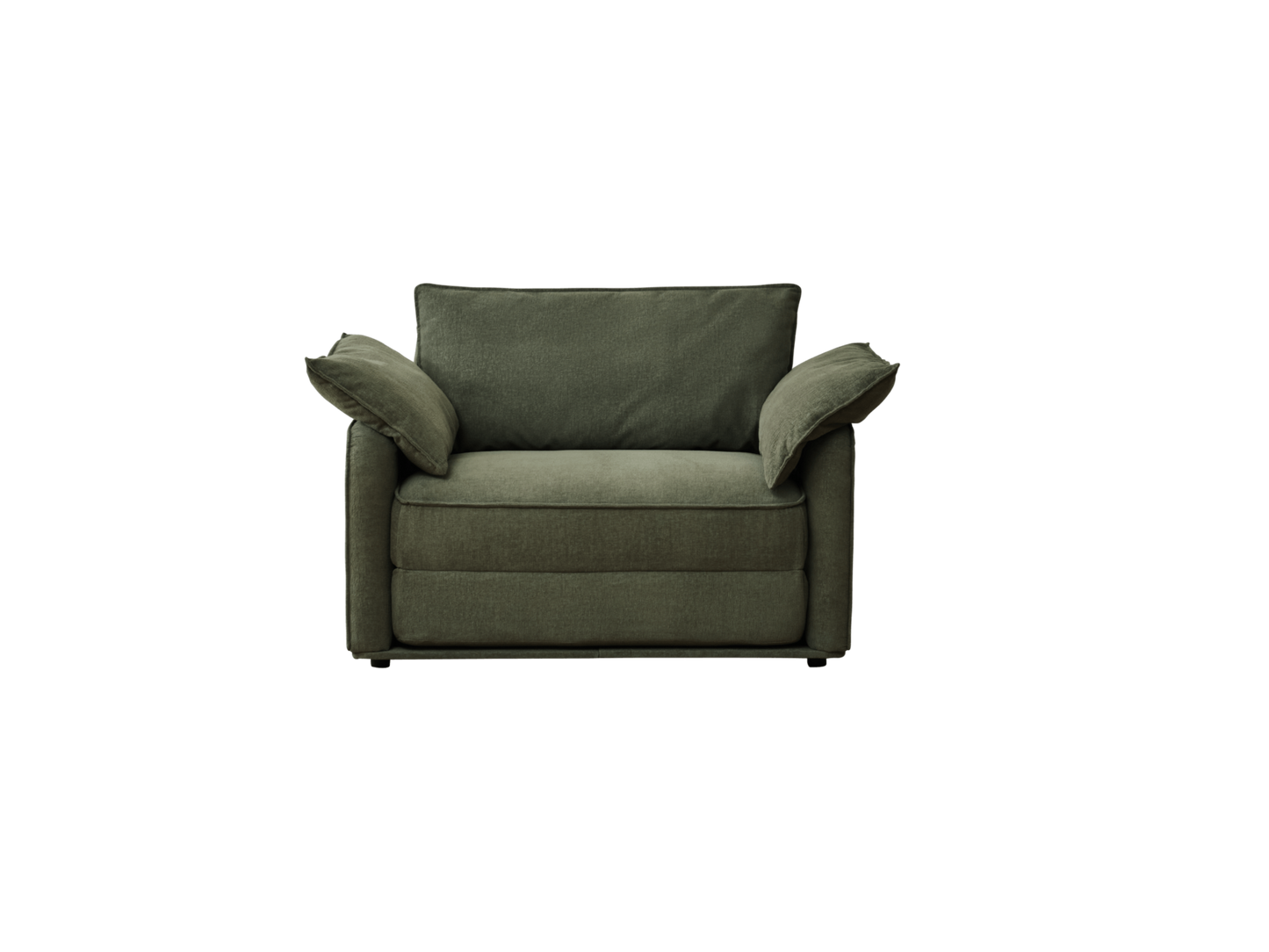 A deep green armchair with two loose cushions, featuring a plush fabric and minimalistic design against a black background.