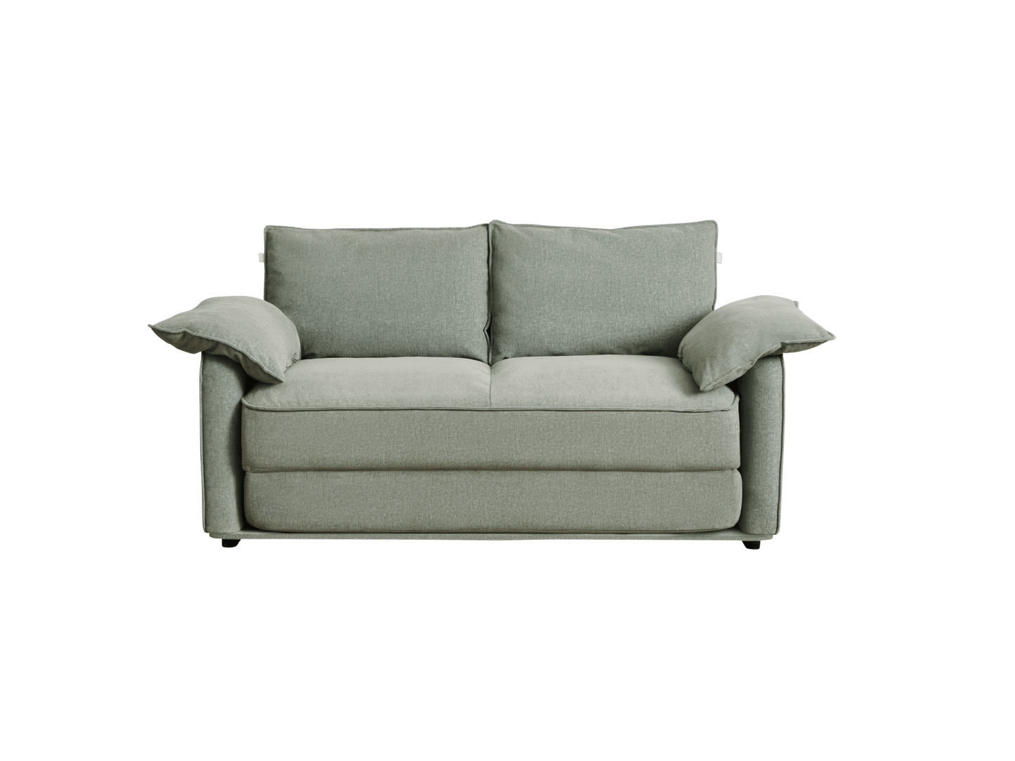 A modern, light green sofa with two large cushions and two arm cushions, set against a black background.