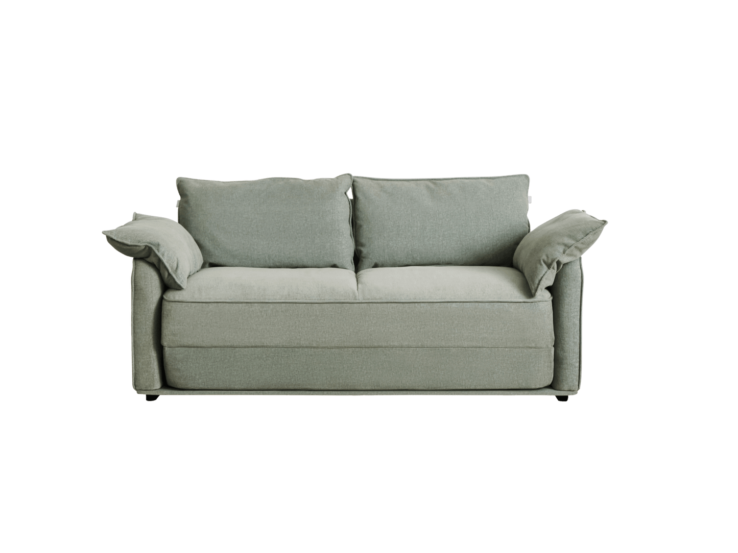 A soft, light sage green sofa with two large back cushions and two side pillows, set against a black background.