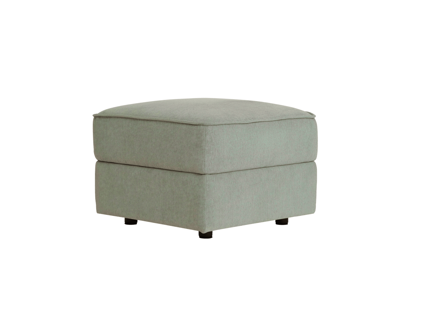 A soft, light green upholstered ottoman with a flat top and two stacked sections, resting on short, dark wooden legs.