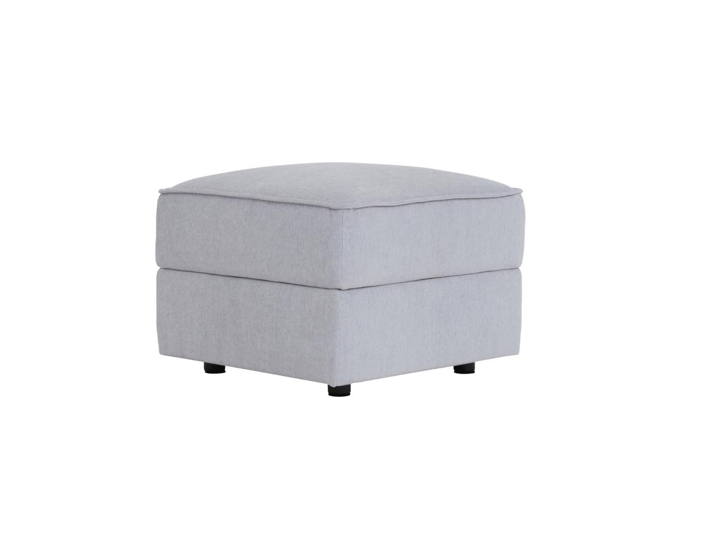 A light grey upholstered ottoman with a cushioned top and black legs, featuring a boxy shape and smooth texture.