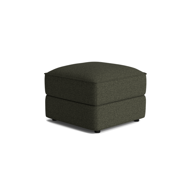 Luxurious ottoman in dark charcoal fabric, showcasing a minimalist design with clean lines, perfect for a contemporary living room setting.