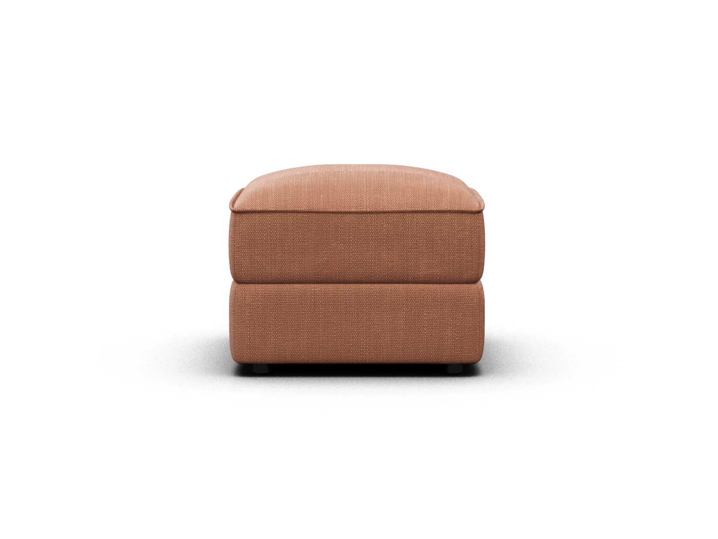 Luxurious ottoman featuring rich terracotta fabric, plush cushioning, and sleek design. Perfect for modern living rooms or elegant lounge settings.