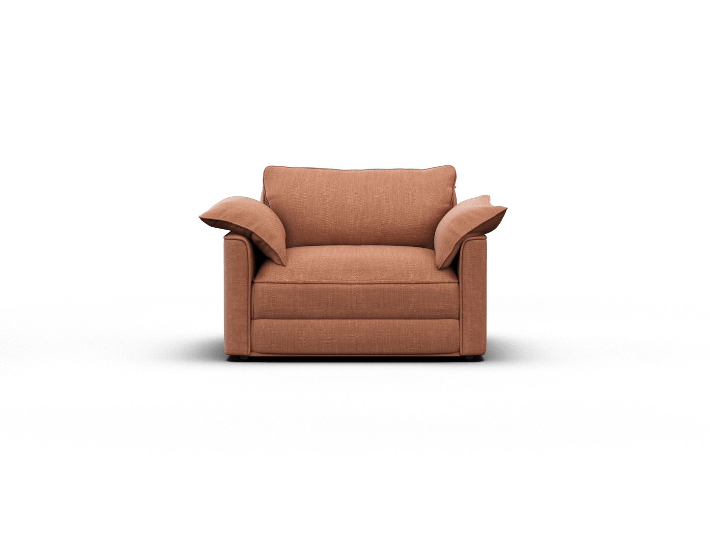 Plush armchair in warm terracotta fabric with wide armrests, deep cushions, and clean lines; perfect for a sophisticated living room ambience.