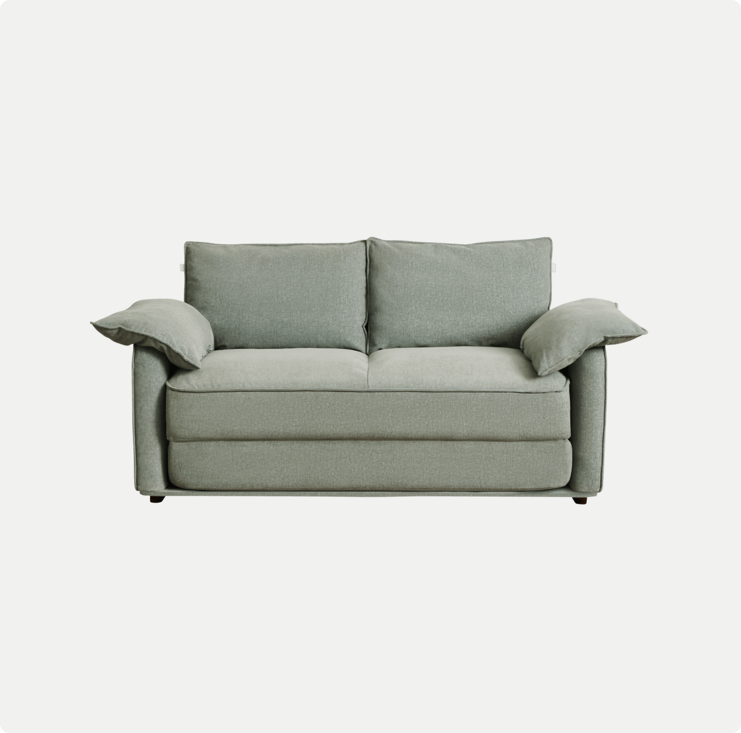 A soft, light green sofa with plush back and arm cushions, featuring a modern design and low-profile structure on dark wooden legs.