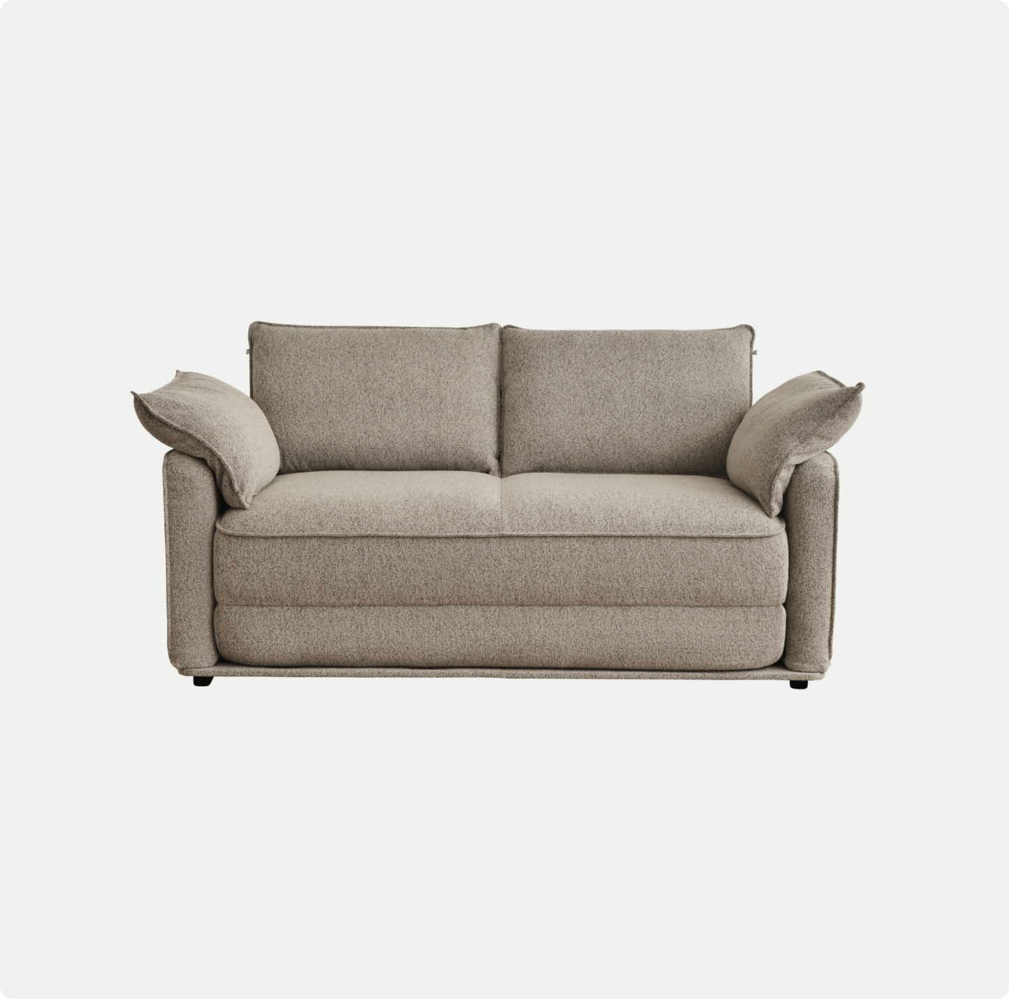 A light beige sofa with a textured fabric, featuring two back cushions and two arm cushions, sits against a white background.