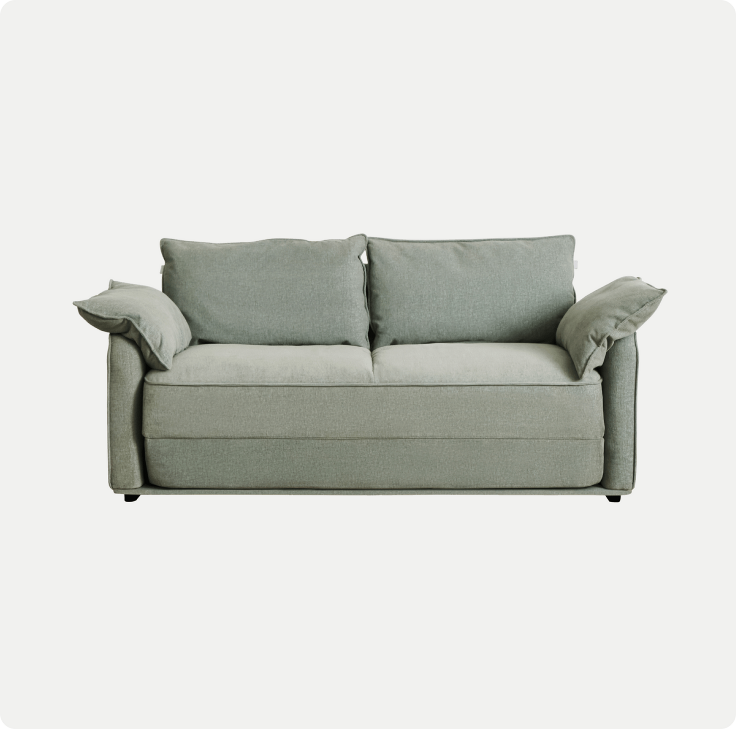 A light sage green sofa with two back cushions and two armrest cushions, featuring a smooth fabric texture.