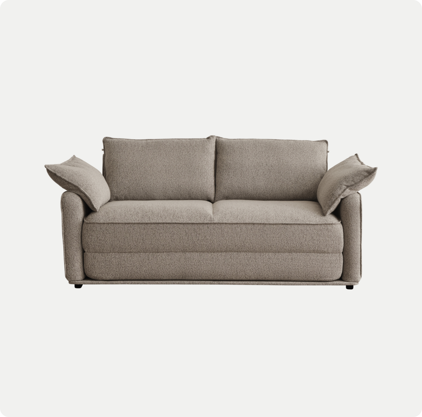 A light taupe sofa with textured fabric, featuring two back cushions and two angled armrests, set against a white background.