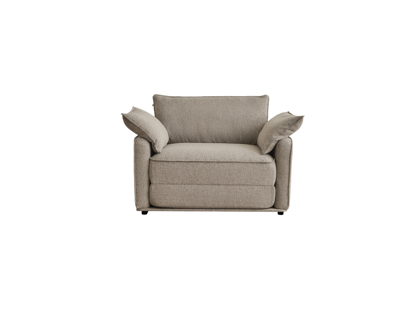 A cozy, light beige armchair with two soft, fluffy armrest cushions, featuring a textured fabric and a modern design.