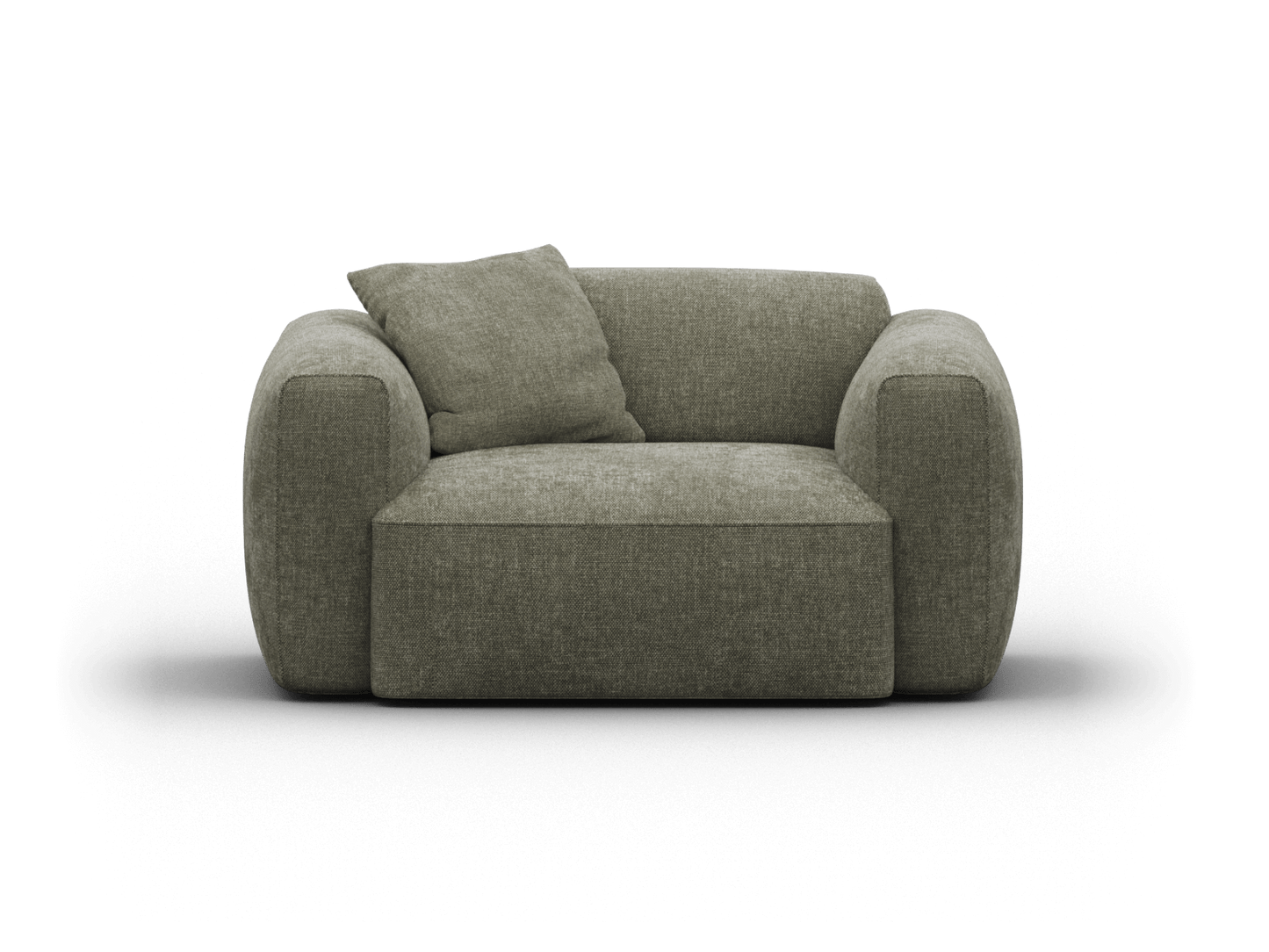 Luxurious olive green fabric armchair with plush cushions, featuring a modern boxy design and rounded edges, ideal for chic living room settings.