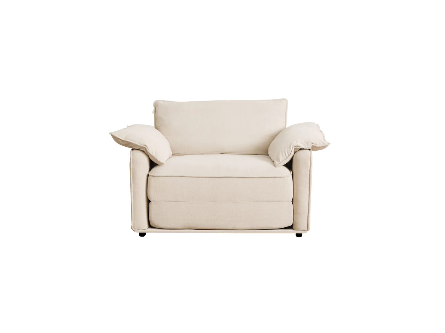 A beige, two-seater sofa with plush cushions and wide armrests, featuring a minimalist design and soft fabric upholstery.