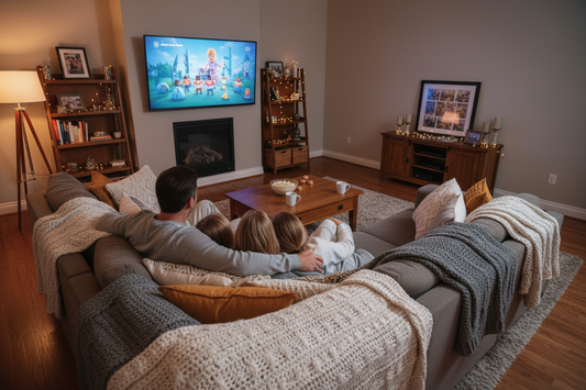 family watching TV while sitting on a couch