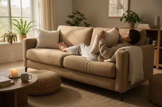 woman laying down on a firm couch