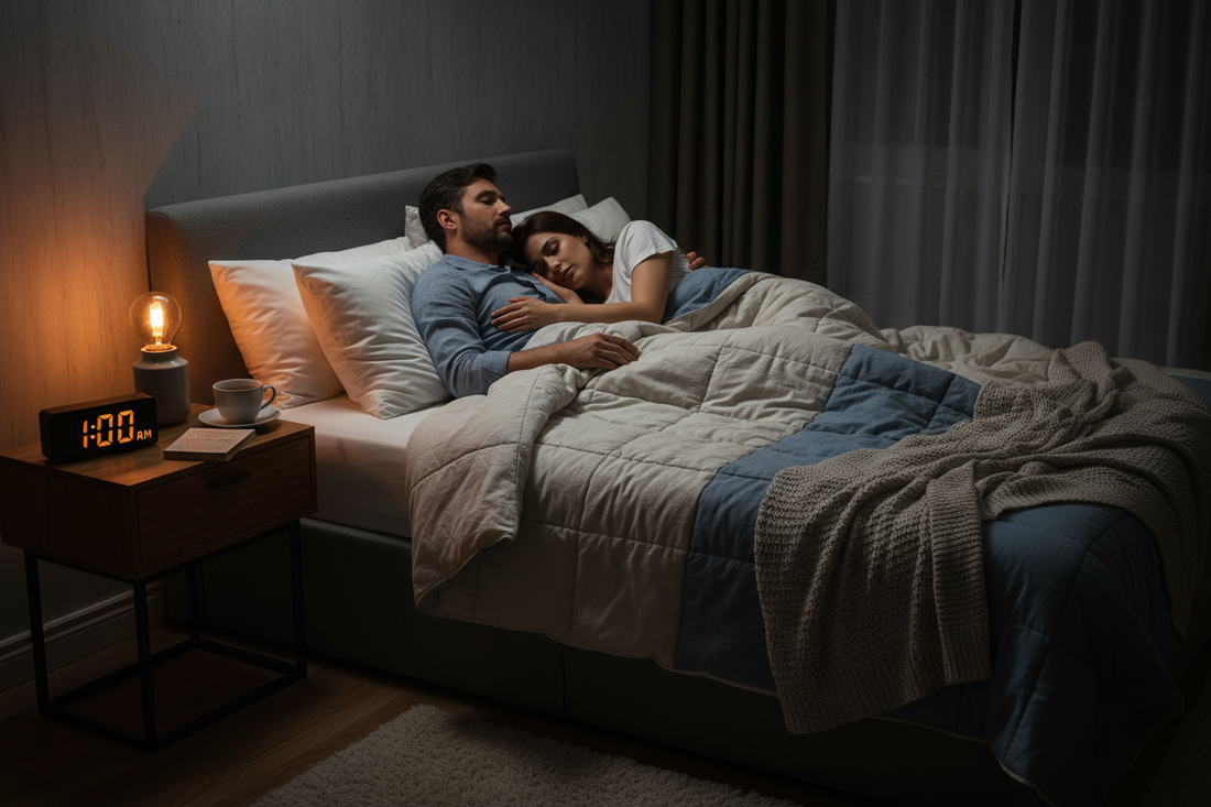 man and woman sleeping at night with clock showing 1AM