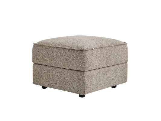 A soft, beige textured ottoman with a square top, featuring a low profile and black wooden legs.