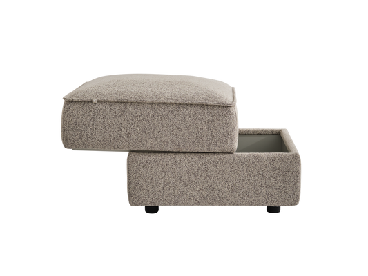 A light beige upholstered ottoman with a removable top, revealing a storage compartment beneath. The texture is subtly speckled.