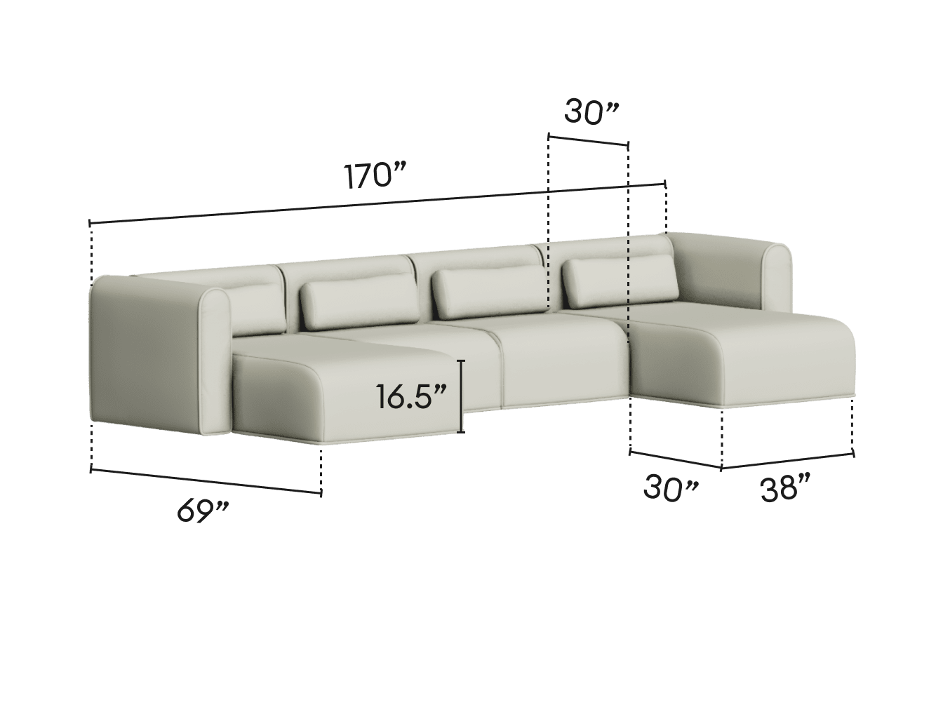 Bangalow Modular Sofa - Chaise - 4 Sections with 2 Chaises / Sand Dune (Luxe) / Extra Wide
