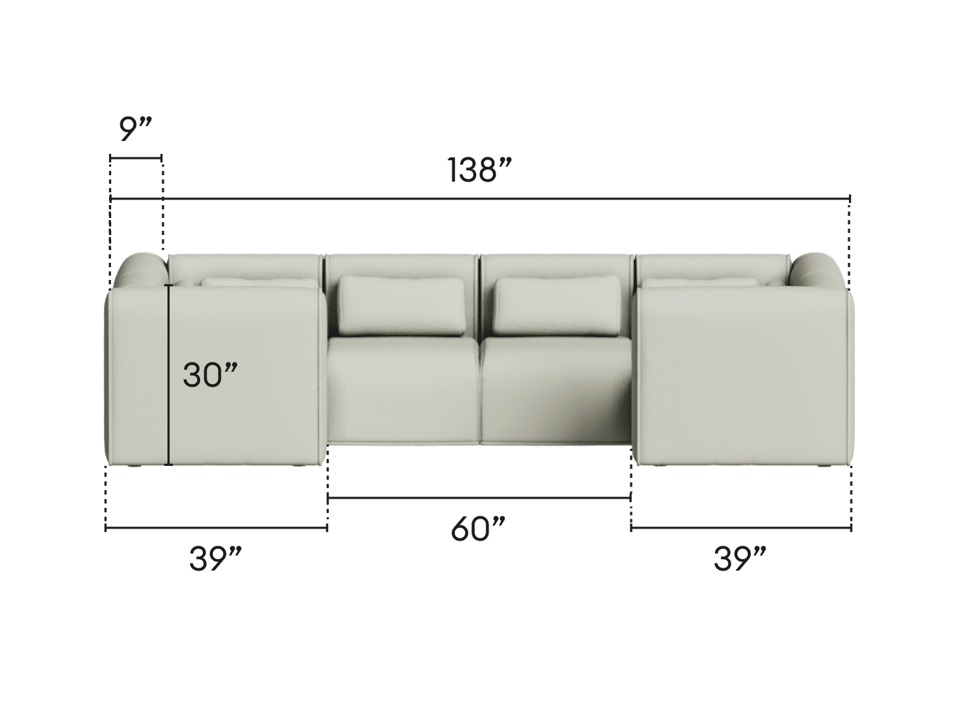 Luxury modular sectional sofa, upholstered in cream fabric. Features broad arms and deep seats for ultimate comfort. Ideal for spacious living areas.