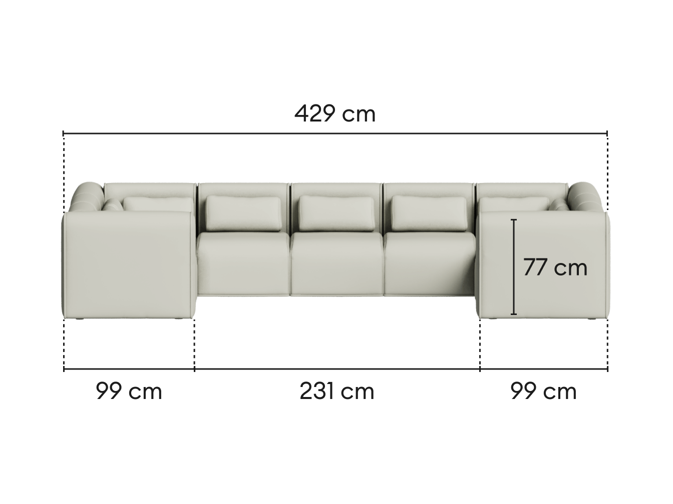 Luxurious modular sofa in premium beige leather, featuring deep cushioning and sleek lines. Perfect for modern living spaces. Dimensions: 429cm x 99cm x 77cm.