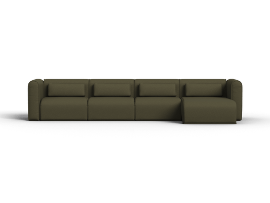 Luxurious olive green modular sofa in premium fabric, featuring sleek, armless design with a right-facing chaise. Ideal for modern living spaces.