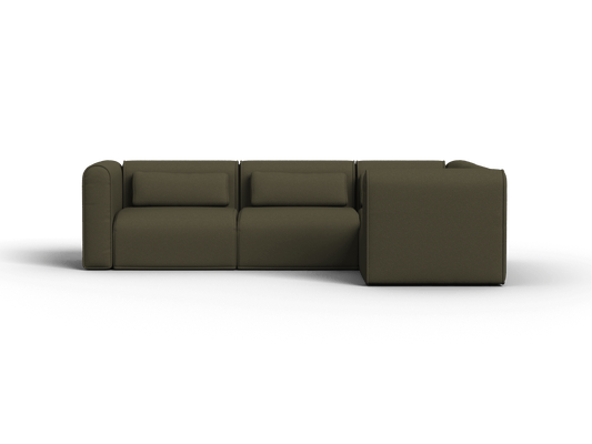 Luxurious olive green sectional sofa with plush cushions, upholstered in soft fabric. Features clean lines and deep seats, perfect for a modern living room.