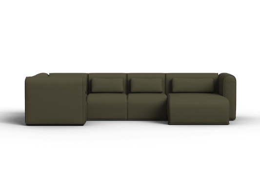Luxurious olive green sectional sofa crafted from premium fabric. Features plump cushions and modular sections, ideal for versatile living spaces.