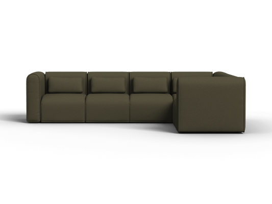 Luxurious modular corner sofa in rich olive green fabric with plush cushions and sleek lines; perfect for an elegant, contemporary living space.