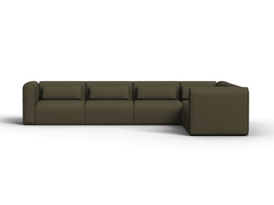 Luxurious modern L-shaped sofa, upholstered in rich olive green fabric. Features sleek lines, plush cushioning, and an elegant aesthetic for refined living spaces.