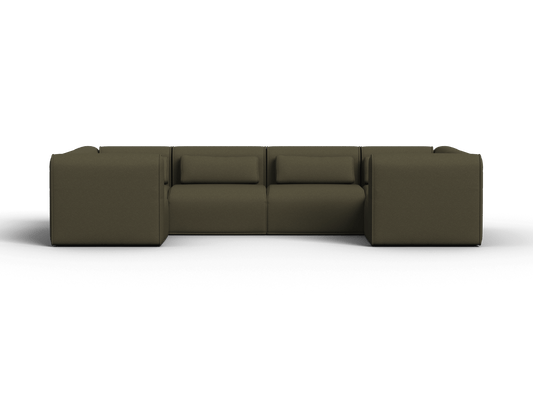 Luxurious olive green modular sofa, upholstered in premium fabric. Features sleek lines, dual cushions, and a contemporary silhouette, ideal for sophisticated living spaces.