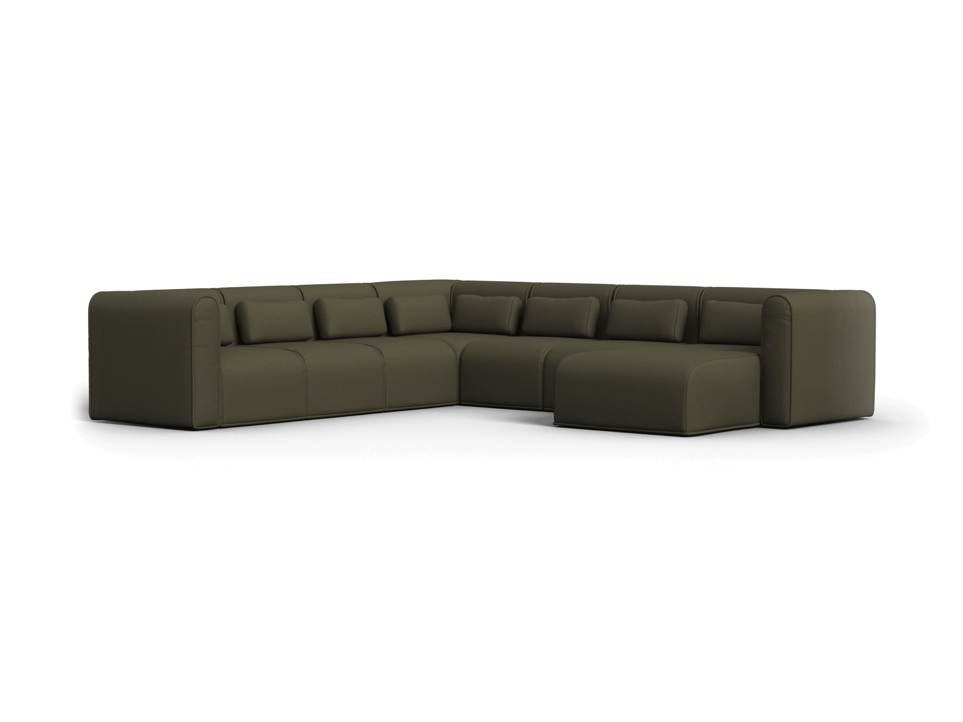 Luxurious L-shaped sectional sofa in rich olive green upholstery. Features plush cushions and modular design. Perfect for a contemporary living area.