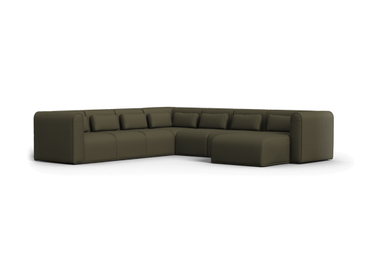 Luxurious L-shaped sectional sofa in rich olive green upholstery. Features plush cushions and modular design. Perfect for a contemporary living area.
