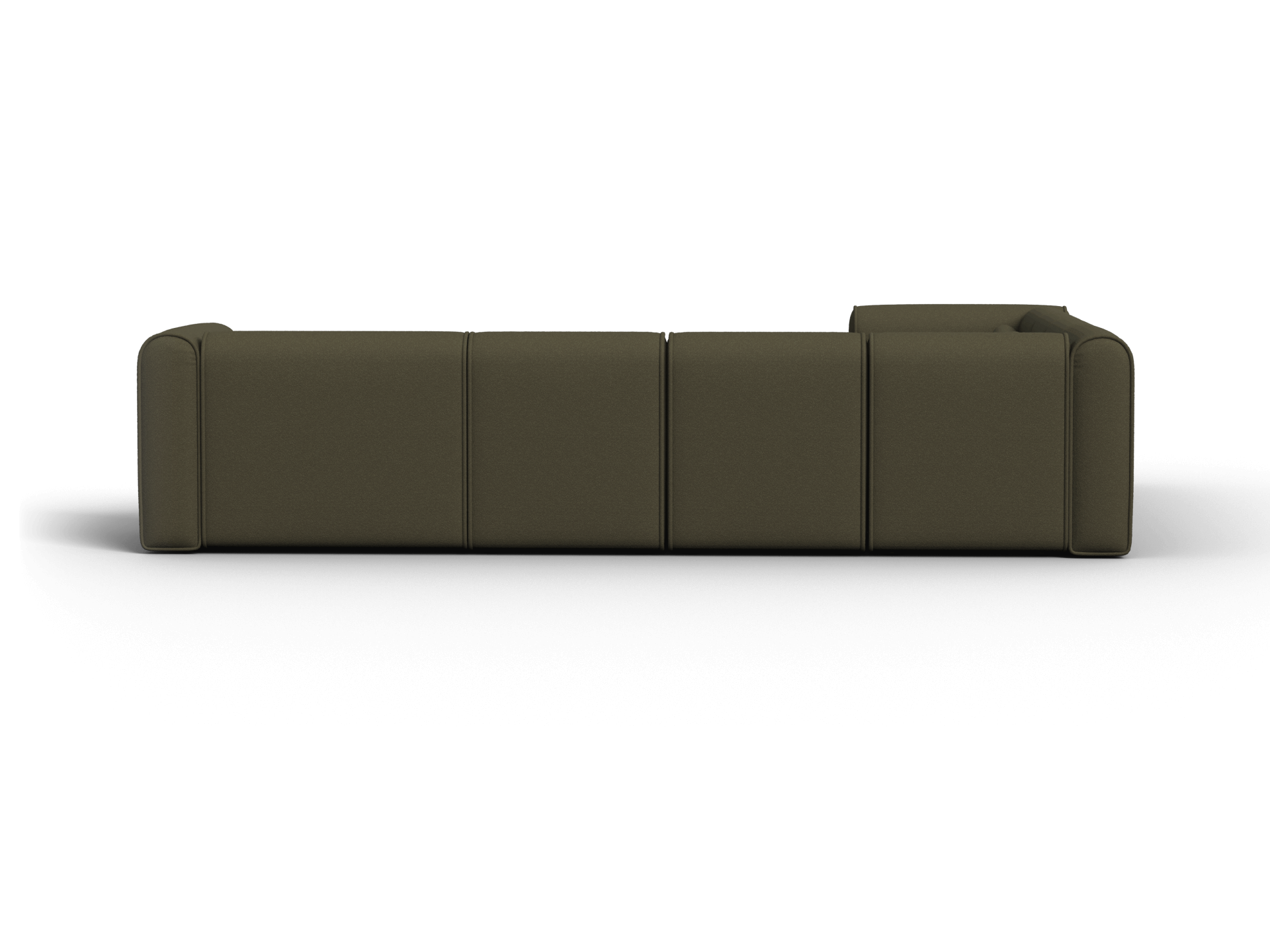 Luxurious modular sofa in deep olive green fabric. Features sleek lines and plush cushions, perfect for modern living spaces. Set on a minimalist black rug.