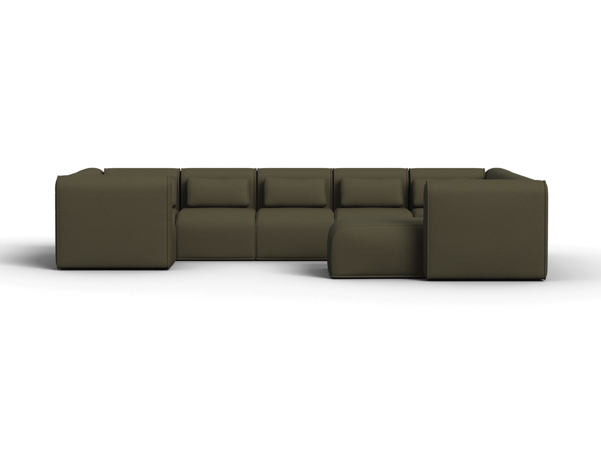 Luxurious modular sectional sofa in olive green fabric, featuring deep cushions and a right-side chaise. Displayed in a sleek, contemporary living space.