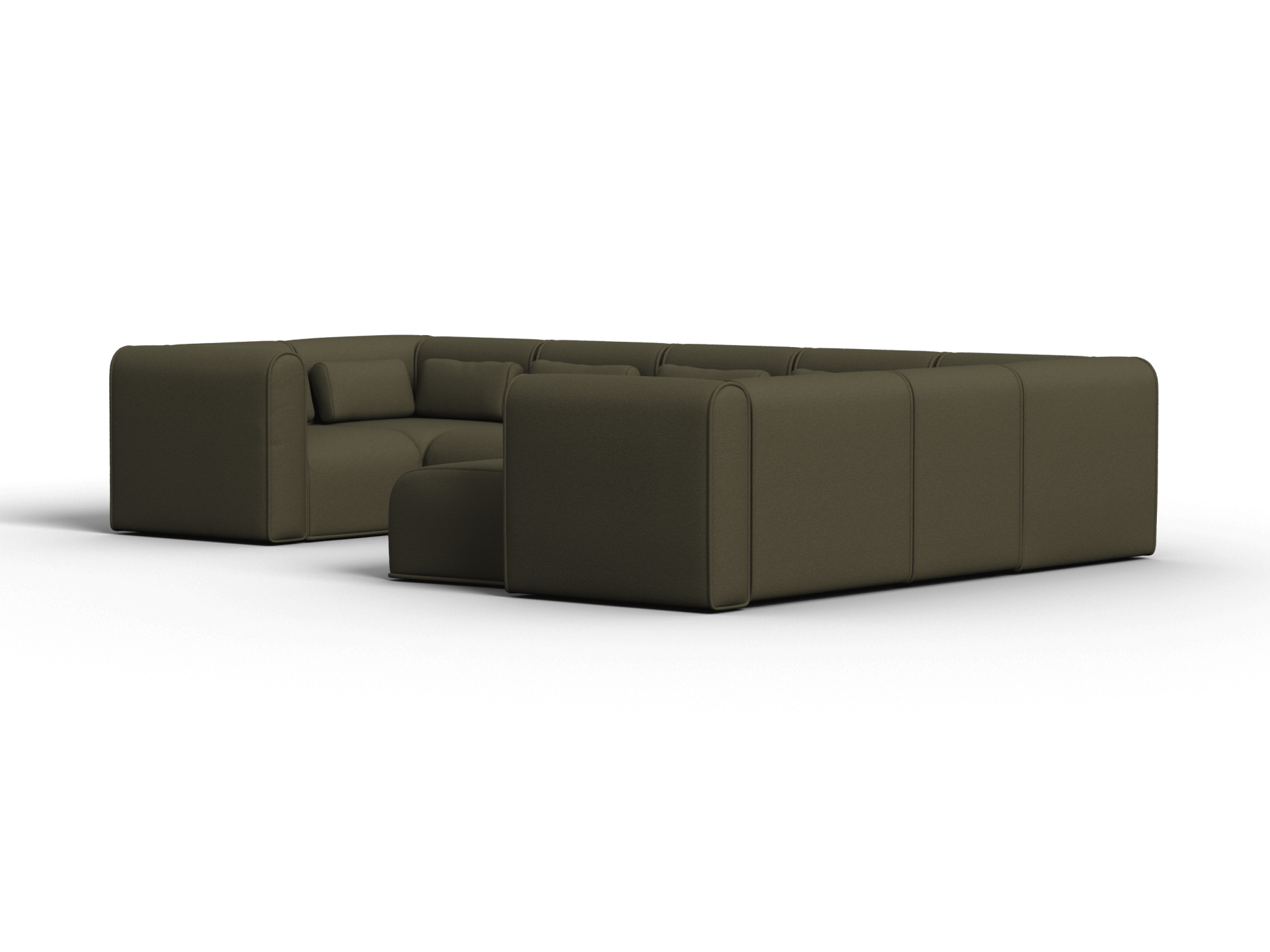Luxurious olive green sectional sofa featuring plush upholstery, rounded edges, and modular design. Perfect for a contemporary living room setting.
