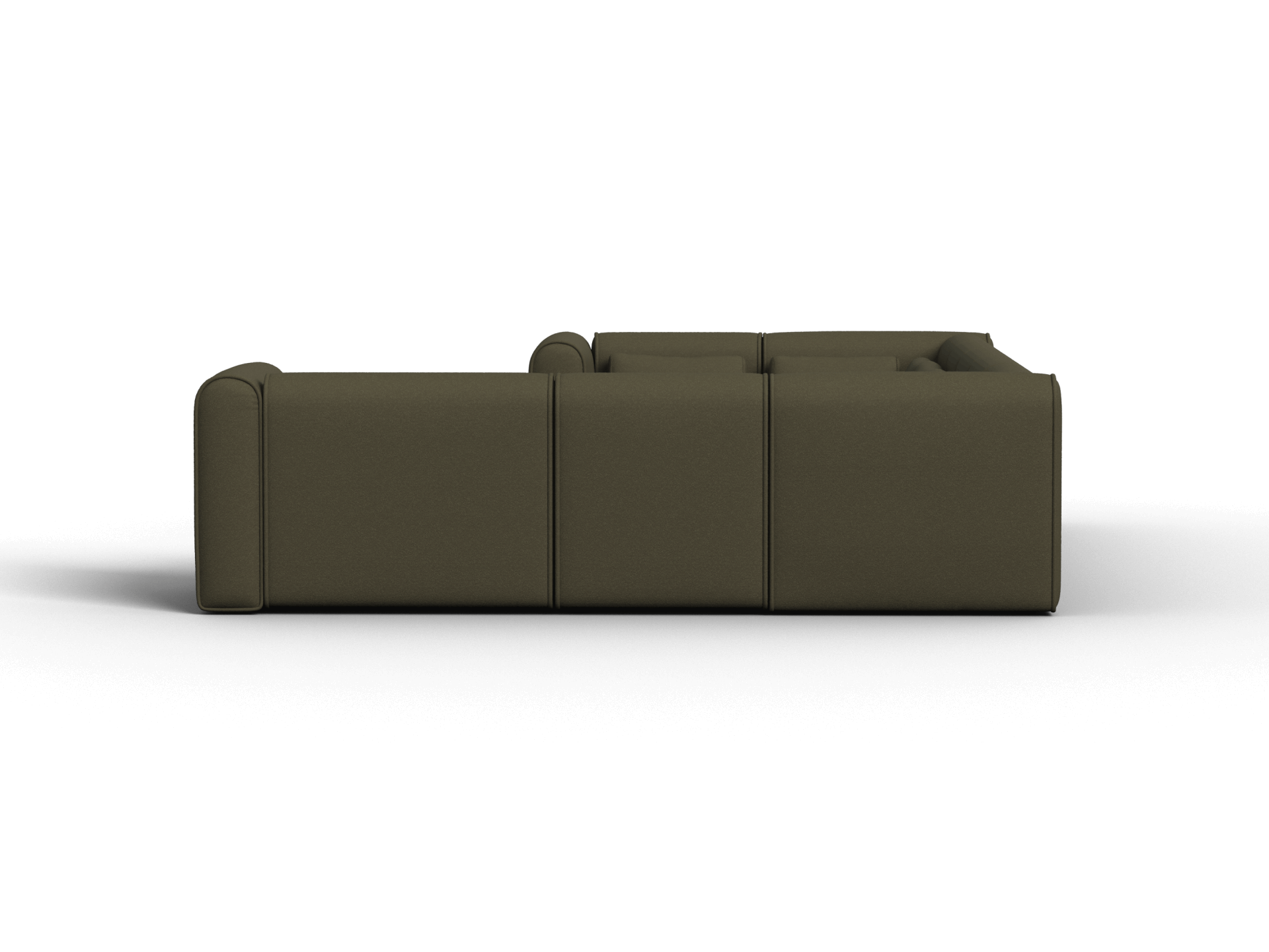 Luxurious olive green modular sofa, upholstered in plush fabric. Features minimalist design with clean lines and deep seating. Perfect for modern living rooms.