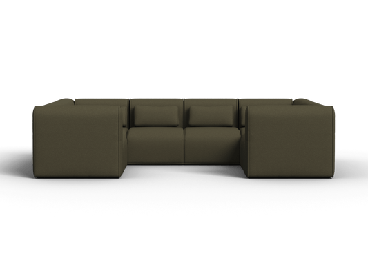 Luxurious modular sectional sofa in deep olive green fabric, featuring sleek geometric lines and plush cushioning, ideal for a contemporary living room setting.