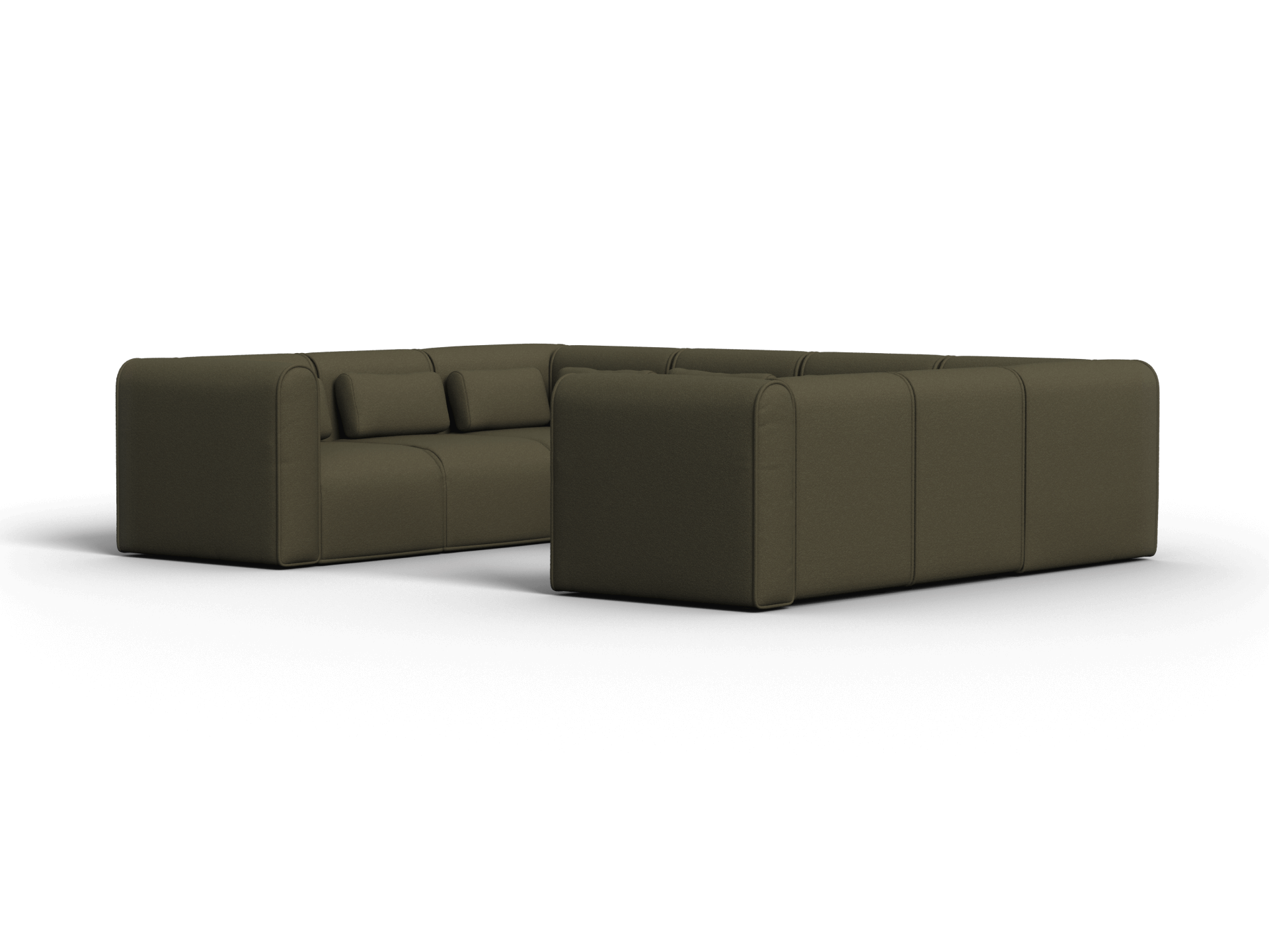 Luxurious modular corner sofa in deep olive fabric, featuring rounded edges and plush cushions. Enhances modern interiors with its sleek, minimalist design.