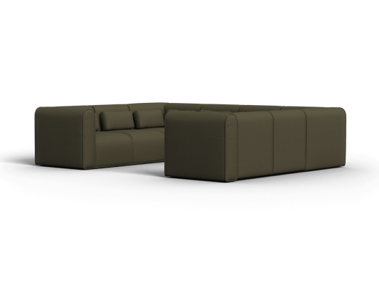 Luxurious modular corner sofa in deep olive fabric, featuring rounded edges and plush cushions. Enhances modern interiors with its sleek, minimalist design.