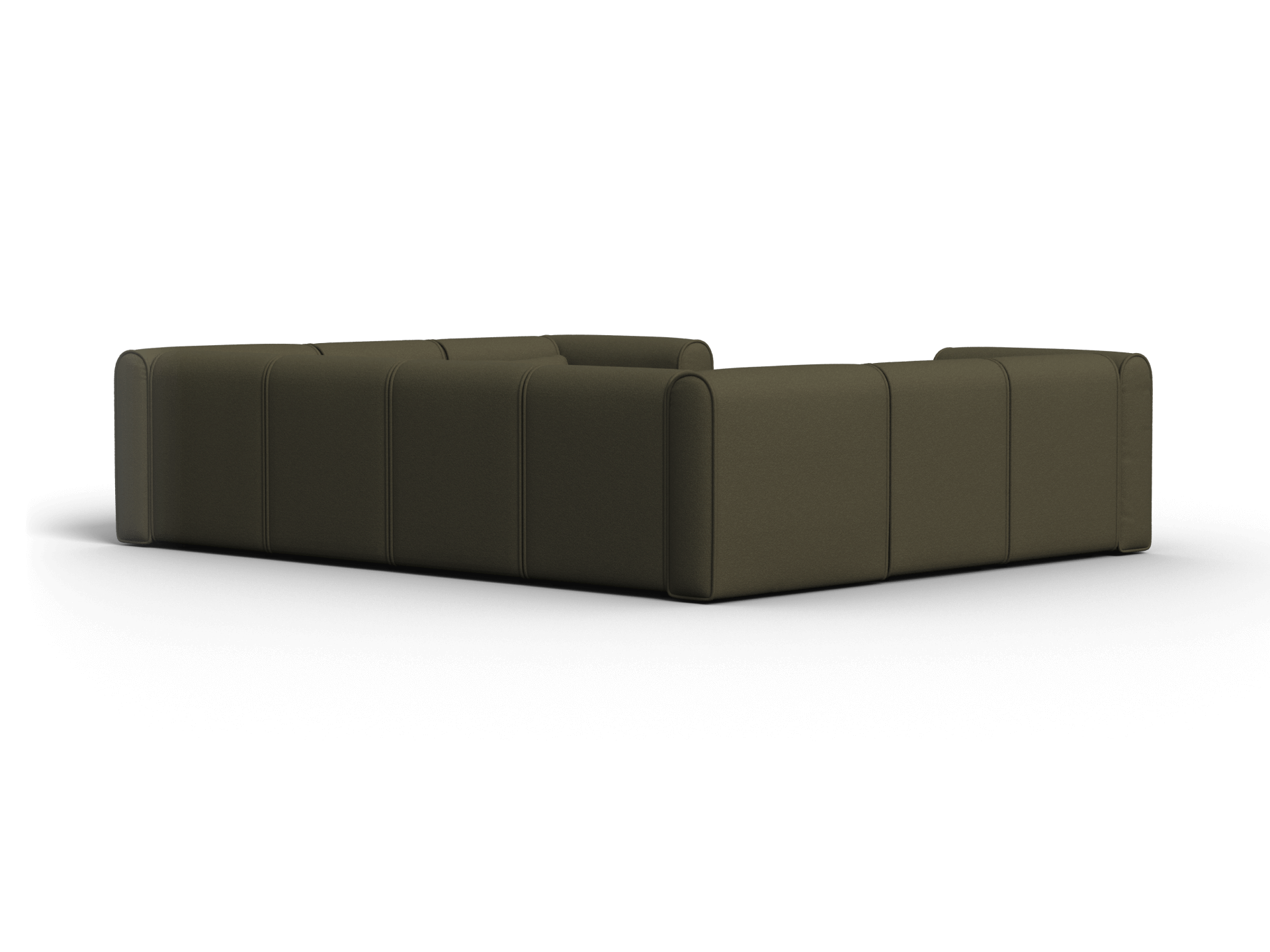 Luxurious sectional sofa in deep olive green fabric with plush cushioning and clean lines. Ideal centrepiece for a contemporary living room.